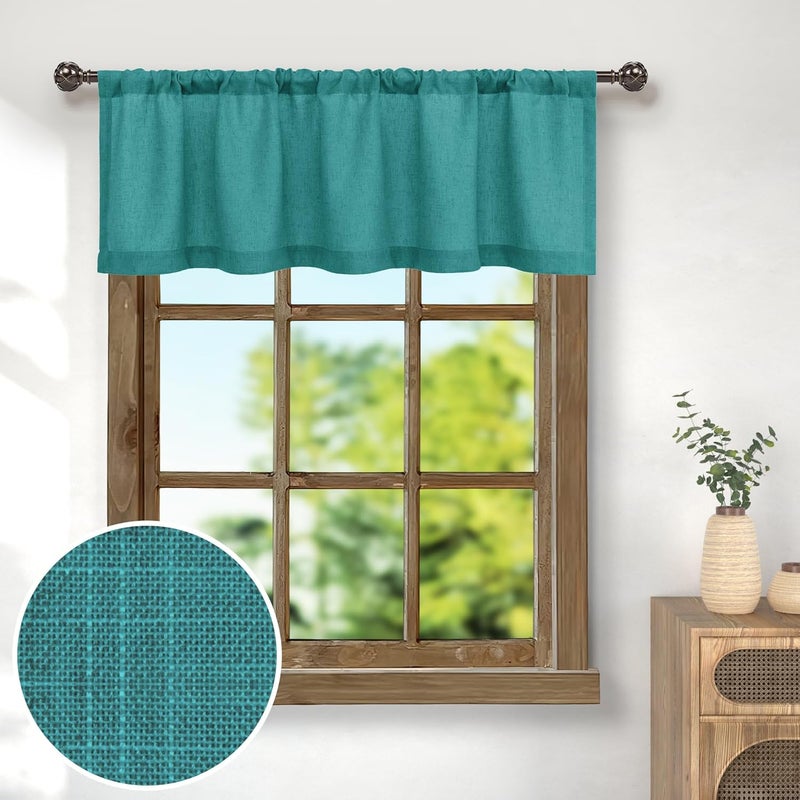 Pitalk Teal Linen Window Valance for Kitchen 3 Inch Rod Pocket Semi Sheer Boho Farmhouse Light Filtering Dark Teal Blue Green Valance Curtain Topper for Bedroom Living Room Dining Bathroom 18 Inch Length - Image 1